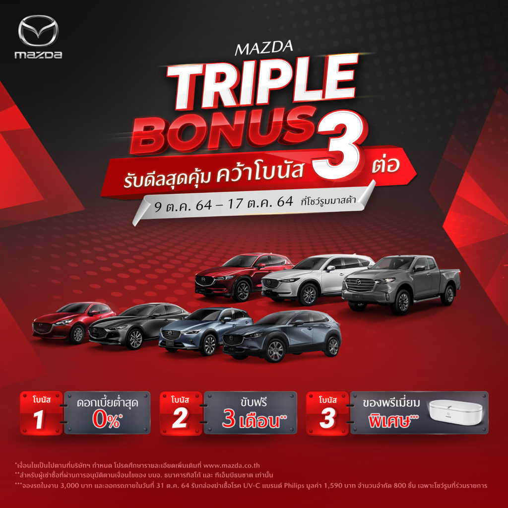 มาสด้ามาแรงเดือนกันยายนโกยยอดขายเกือบ 3,000 คัน เติบโต 64% ส่งแคมเปญ MAZDA TRIPLE BONUS รับดีลสุดคุ้ม คว้าโบนัส 3 ต่อ