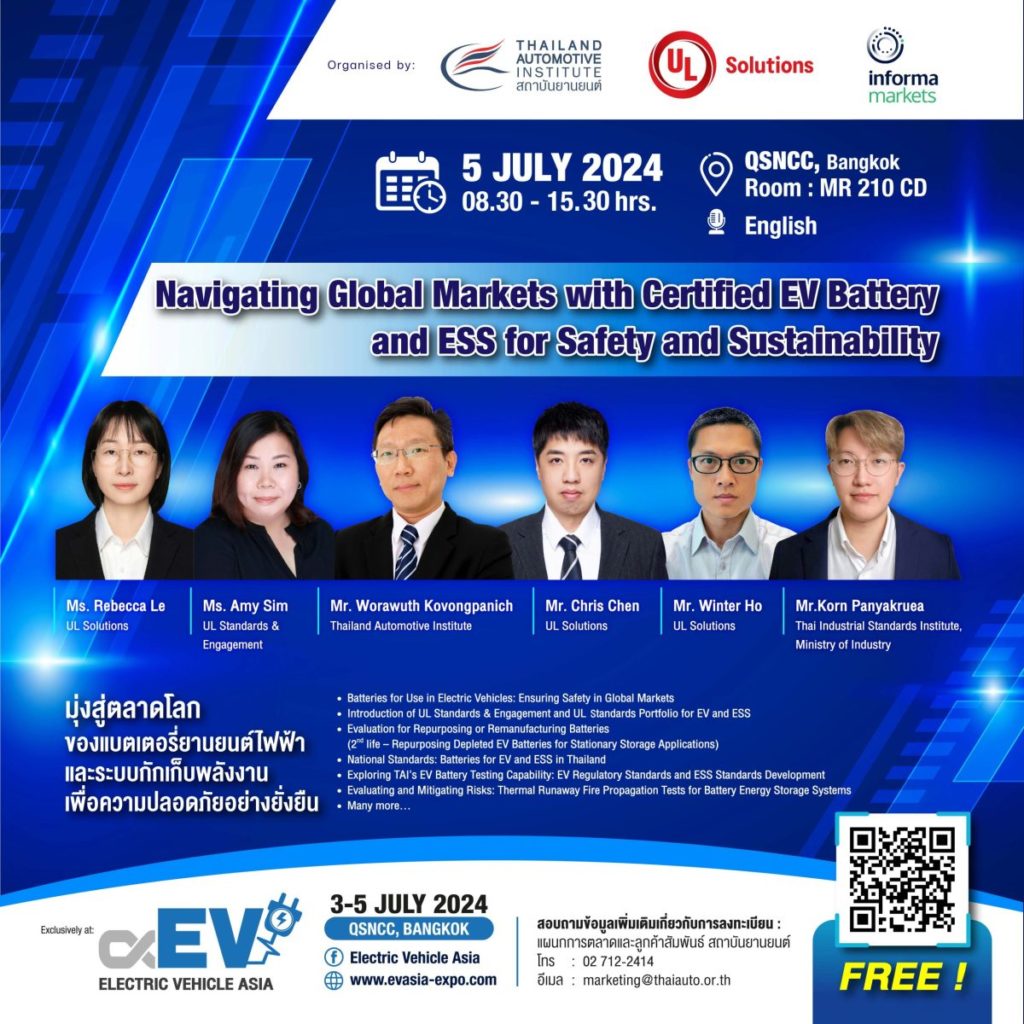 งานสัมมนา “Navigating Global Markets with Certified EV Battery and ESS for Safety and Sustainability” วันที่ 5 กรกฎาคม 2567 ณ ศูนย์ประชุมแห่งชาติสิริกิติ์ (ไม่มีค่าใช้จ่าย)