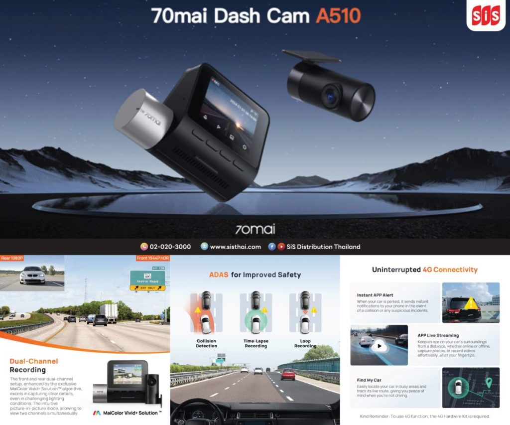 บมจ. เอสไอเอส ดิสทริบิวชั่น (ประเทศไทย) แนะนำ กล้องติดรถยนต์รุ่น Dash Cam A510 นวัตกรรมความเป็นเลิศสู่ความก้าวหน้าด้านเทคโนโลยี จากแบรนด์ 70mai
