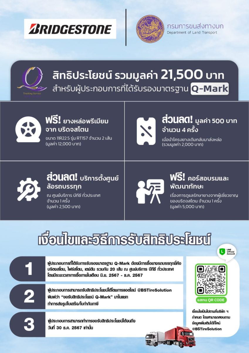 บริดจสโตนสานต่อความร่วมมือกับกรมการขนส่งทางบก มอบสิทธิประโยชน์ด้านยางหล่อพรีเมียม สำหรับผู้ประกอบการที่ได้มาตรฐาน Q Mark ทั่วประเทศ ในปี 2567